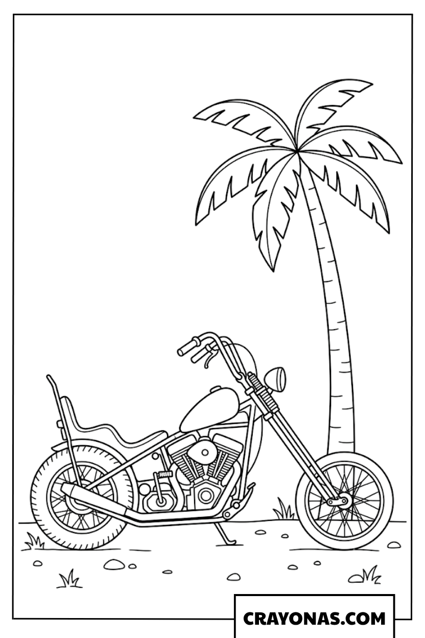 Simple Retro Chopper Parked Next to a Tropical Palm Tree Coloring Page