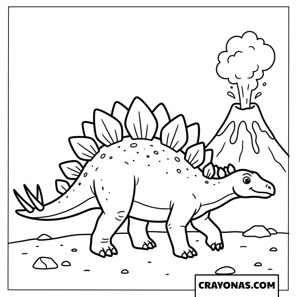Simple Stegosaurus Walking Near Erupting Volcano Coloring Page