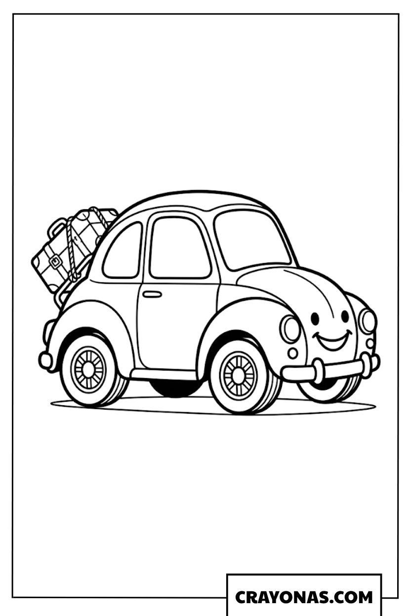 Smiling Cartoon Beetle Car with Luggage Suitcase Coloring Page