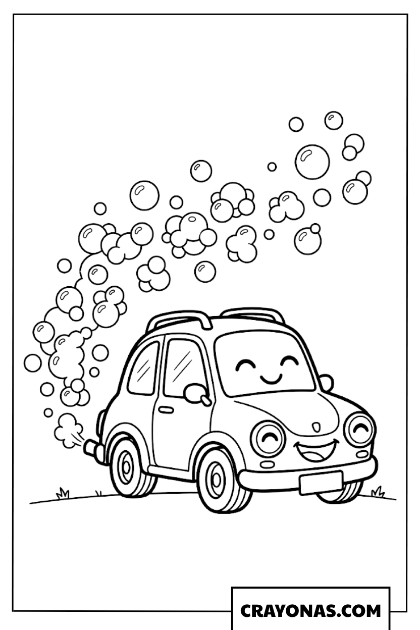Smiling Cartoon Car Blowing Bubbles Coloring Page