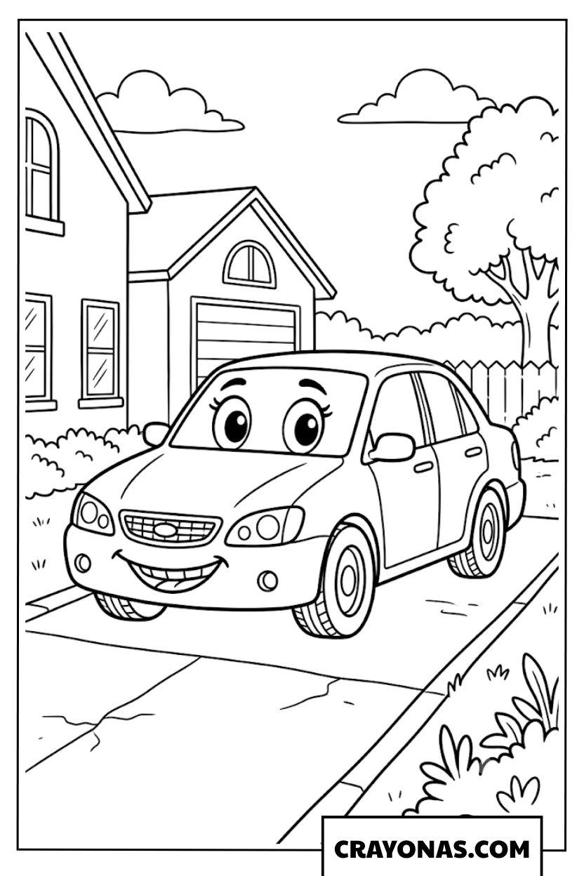 Smiling Cartoon Sedan Parked on House Driveway Coloring Page