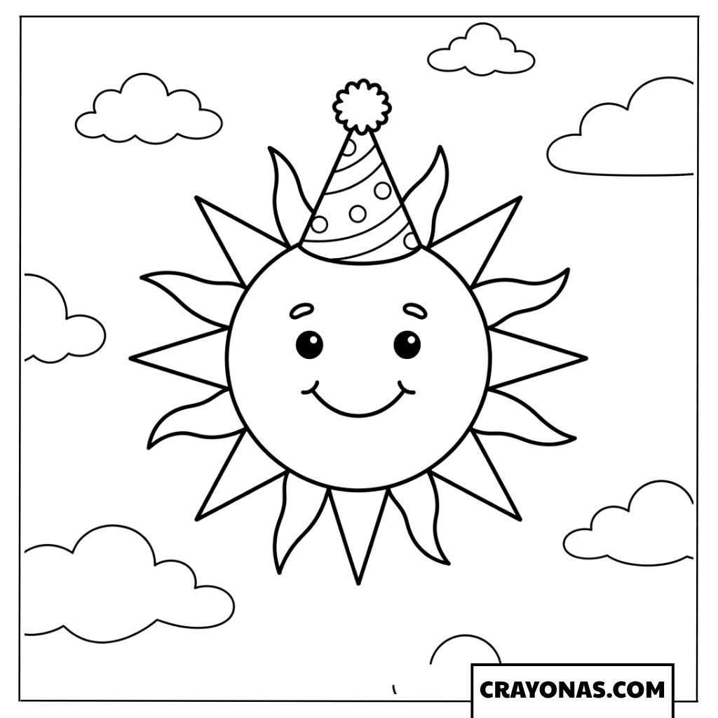 Smiling Sun with Party Hat Coloring Page