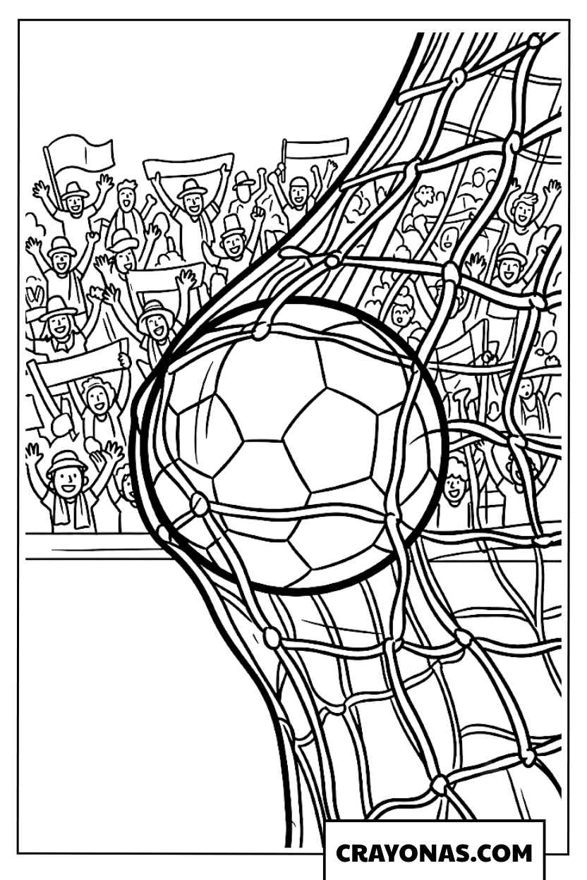 Soccer Ball in Net with Cheering Crowd Coloring Page