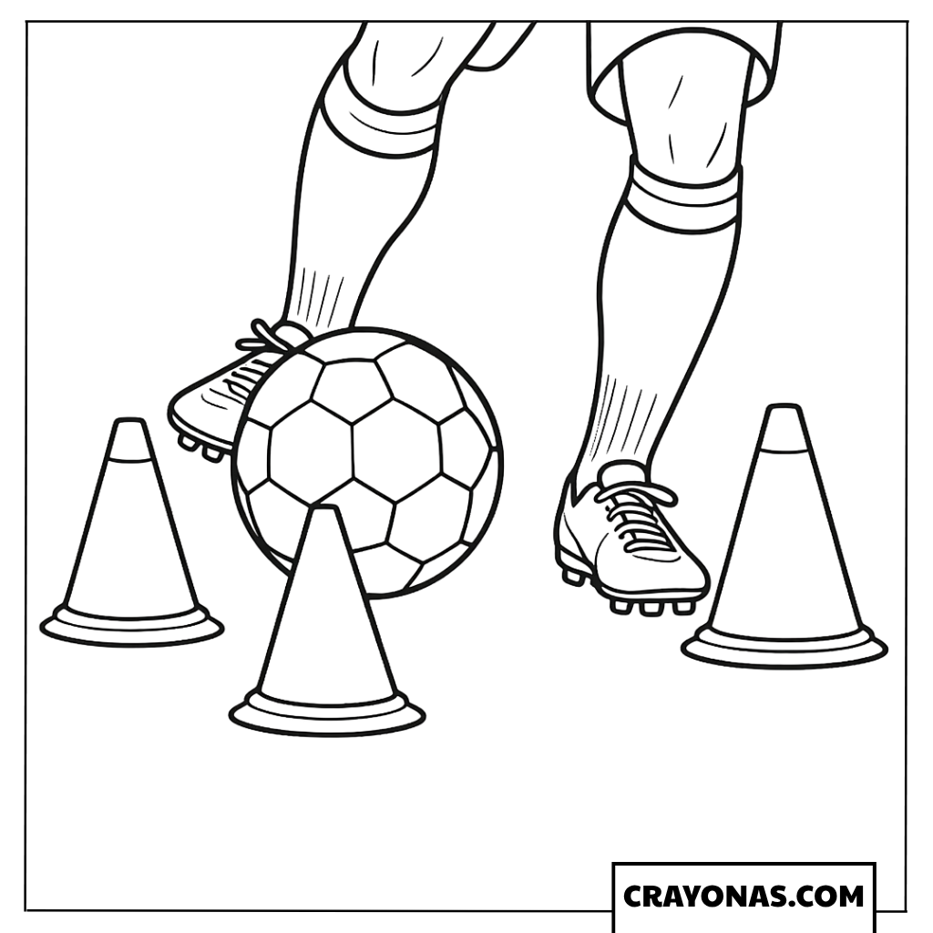 Soccer Player Dribbling Ball with Cones Coloring Page