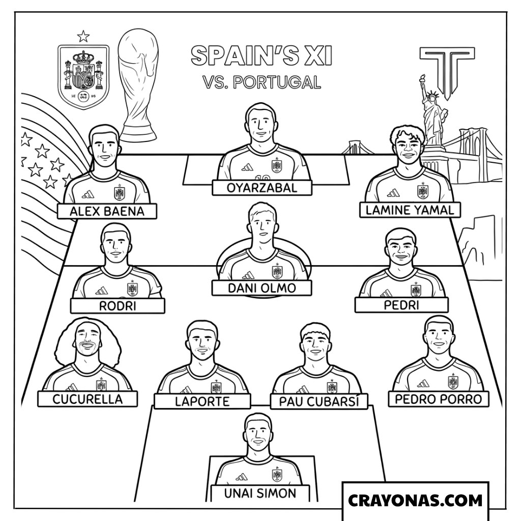 Spain Starting XI World Cup 2026 Coloring Page