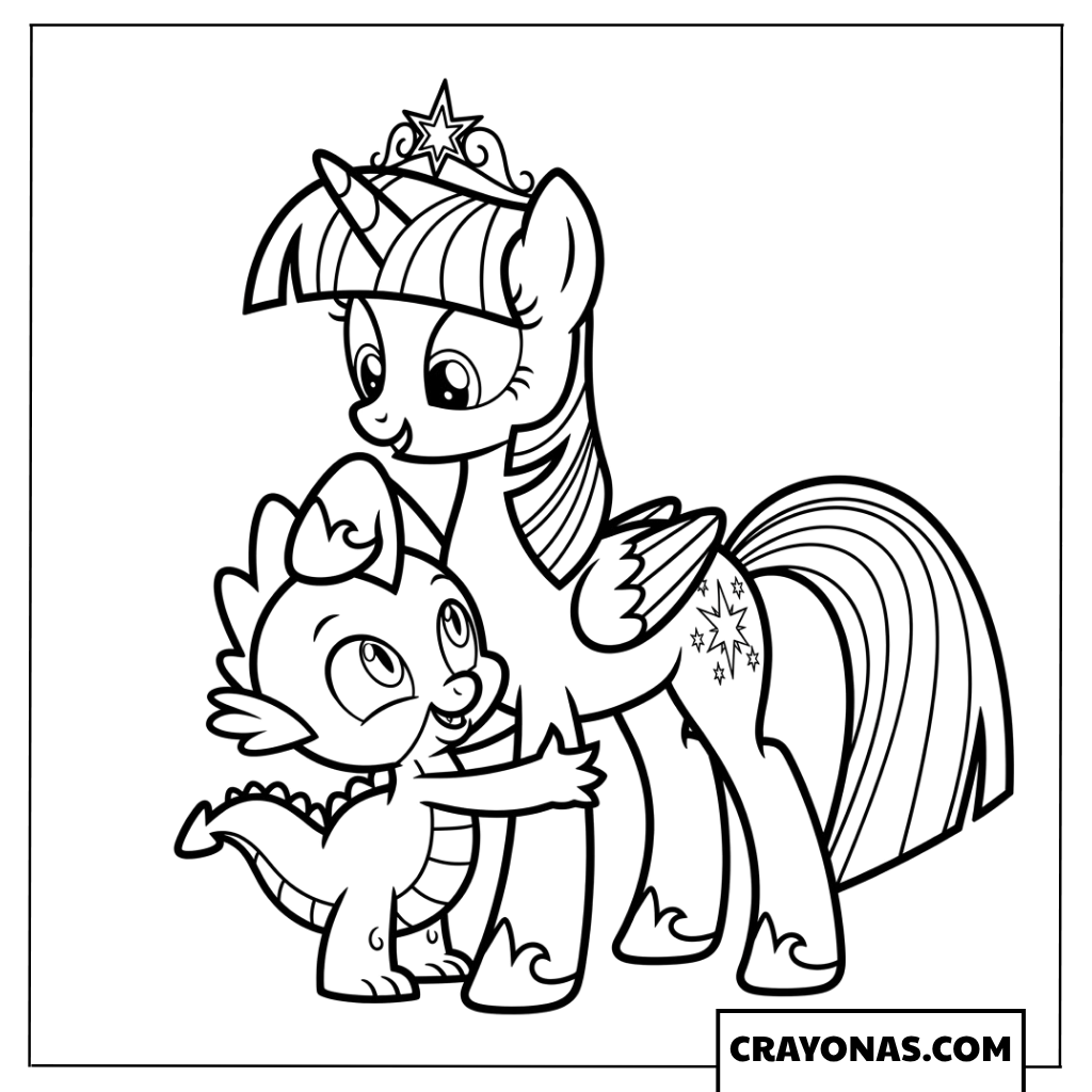 Spike Hugging Twilight Sparkle Wearing Royal Crown Coloring Page