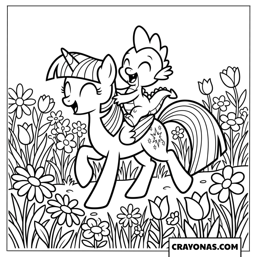 Spike Riding On Twilight Sparkle In Flower Field Coloring Page