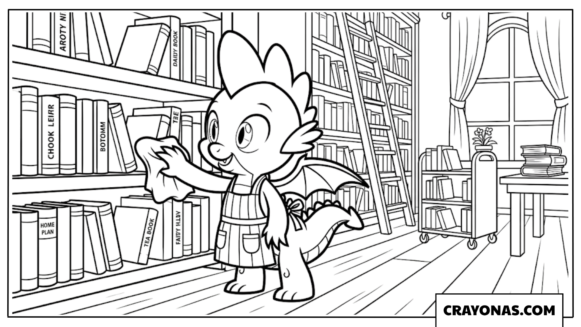 Spike the Dragon Cleaning Tall Library Bookshelves with Cloth Coloring Page
