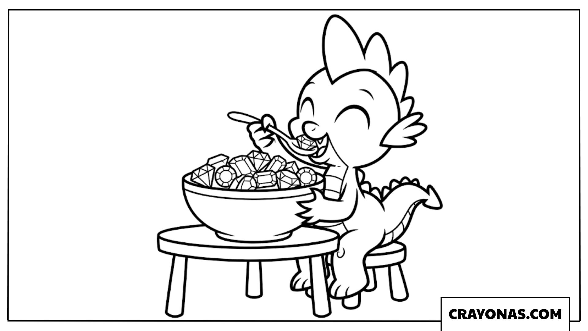 Spike the Dragon Eating Giant Bowl of Shiny Gems Coloring Page