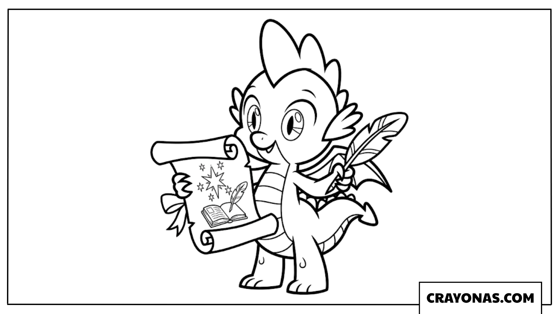Spike the Dragon Holding Royal Scroll and Quill Pen Coloring Page