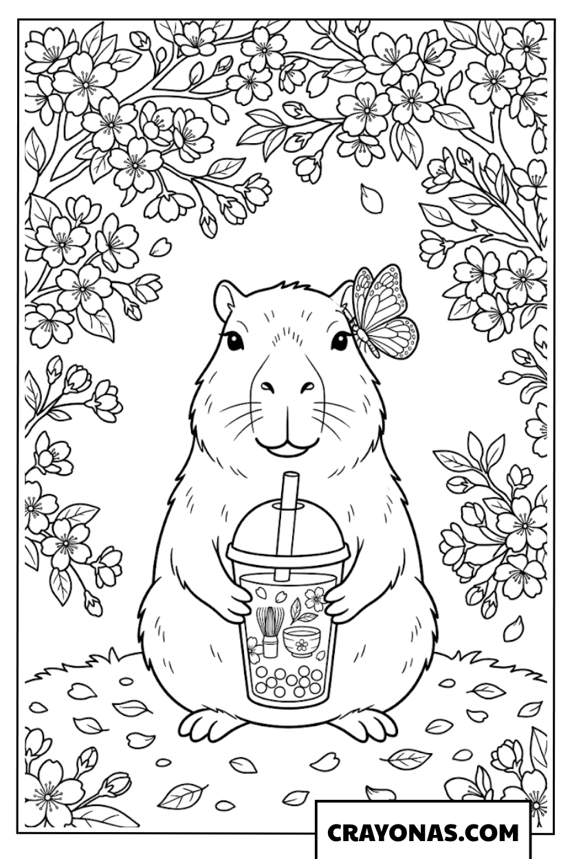 Spring Capybara with Butterfly and Floral Boba Coloring Page