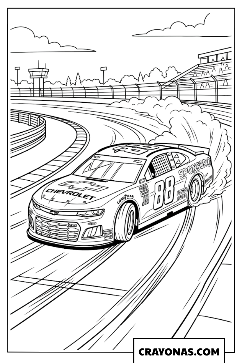 Stock Car Racing on Winding Track Coloring Page