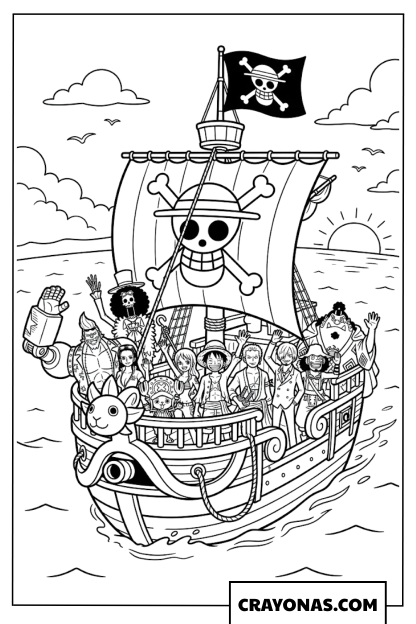 Straw Hat Crew Cheering On Going Merry Ship Coloring Page
