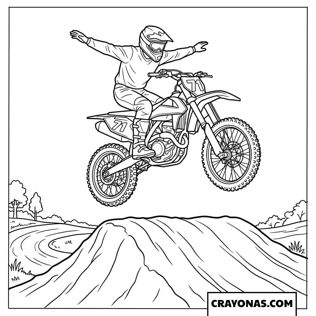 Stunt Rider Jumping Dirt Bike High Over Hills Coloring Page