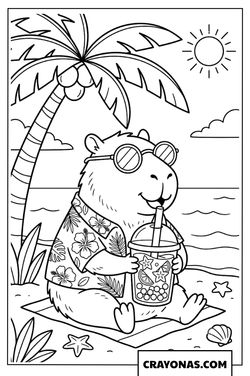 Summer Beach Capybara with Boba Drink Coloring Page