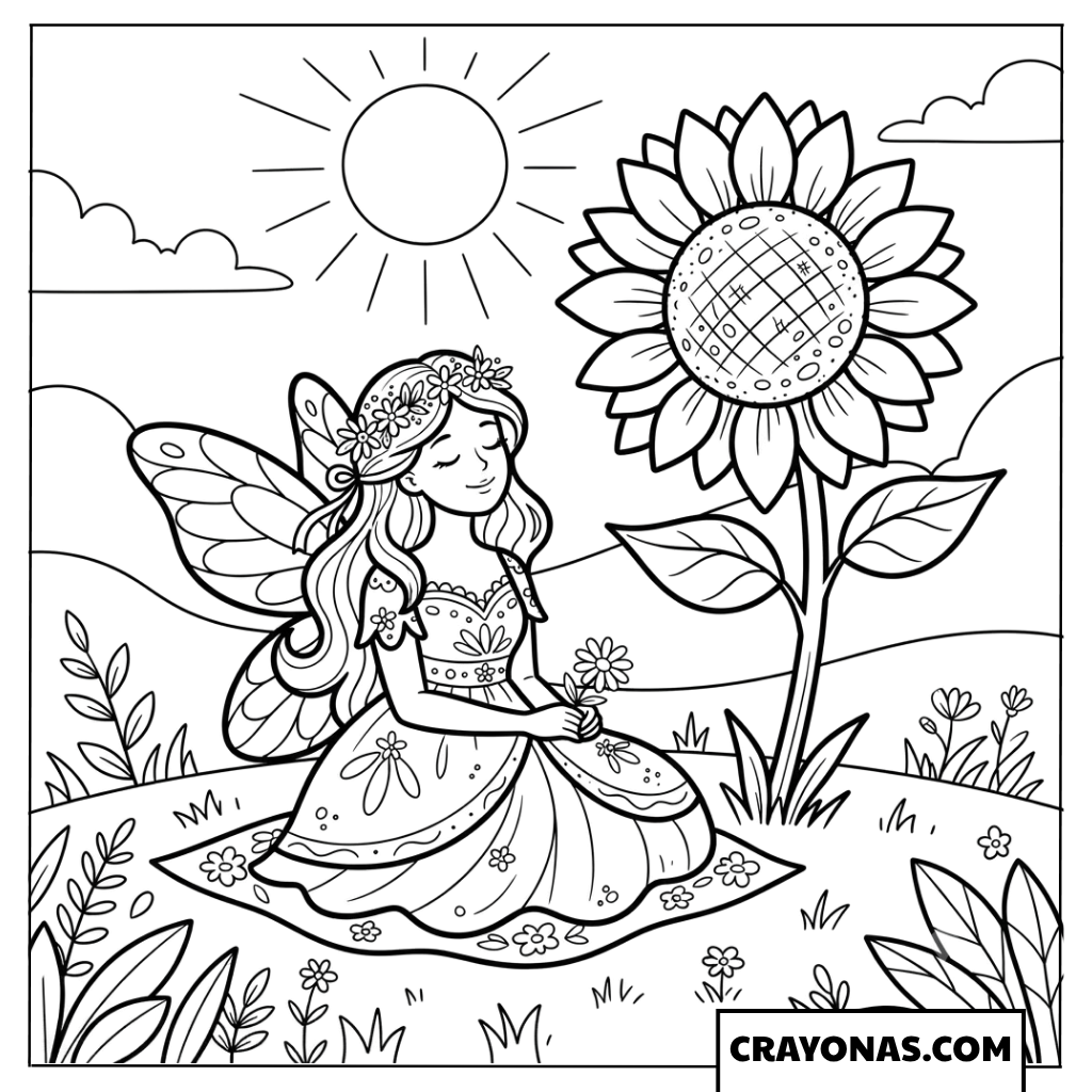 Summer Sunflower Fairy Princess Coloring Page