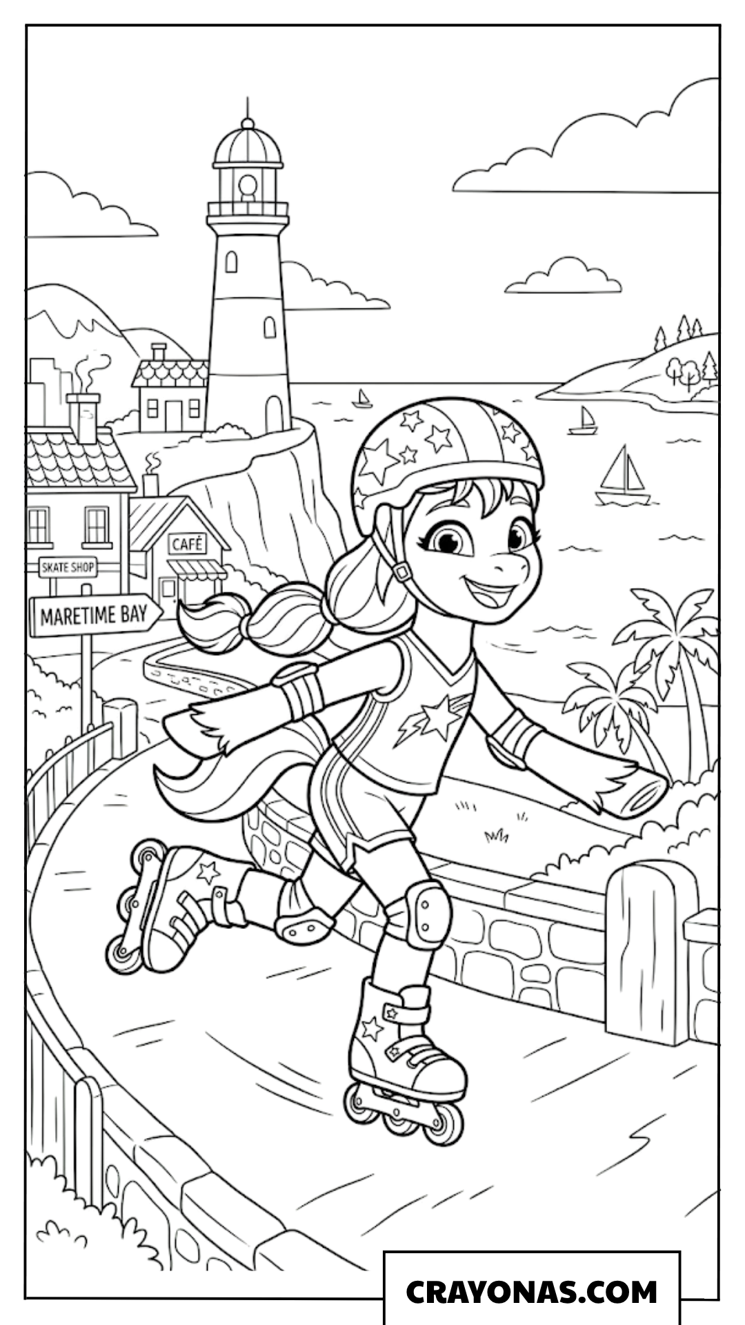 Sunny Starscout Roller Skating Along Maretime Bay Lighthouse Coloring Page