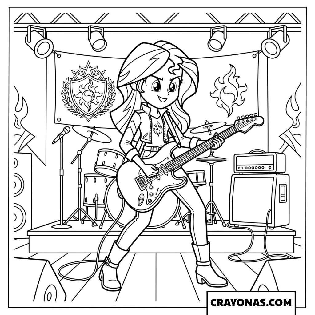 Sunset Shimmer Rocking Electric Guitar on Concert Stage Coloring Page