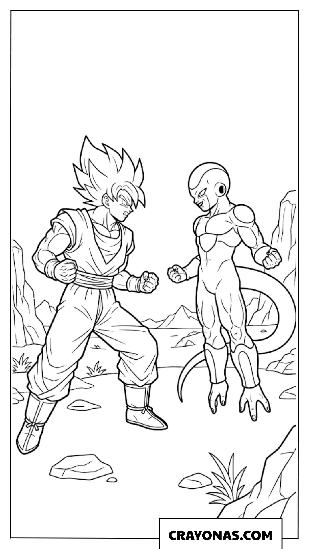 Super Saiyan Goku Facing Emperor Frieza on Planet Namek Coloring Page