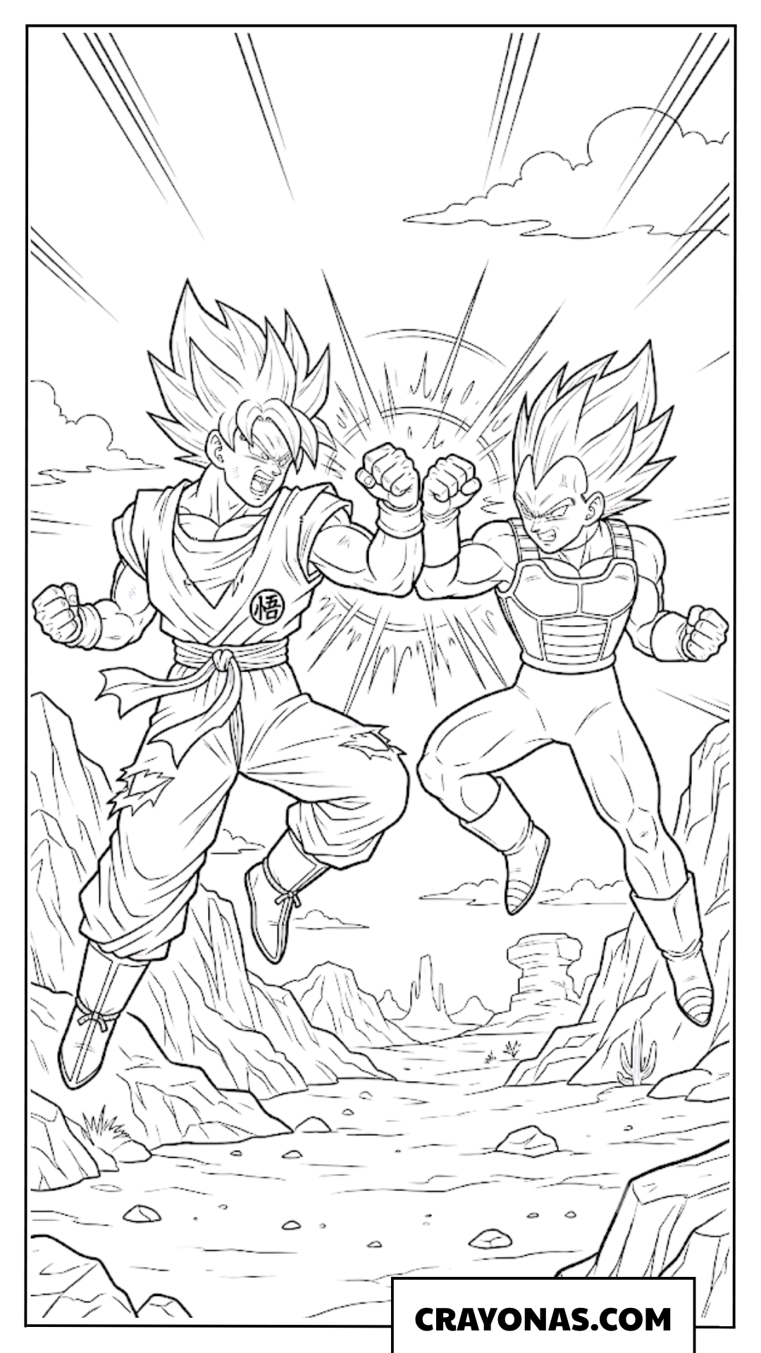Super Saiyan Goku vs Vegeta Mid Air Fist Clash Coloring Page