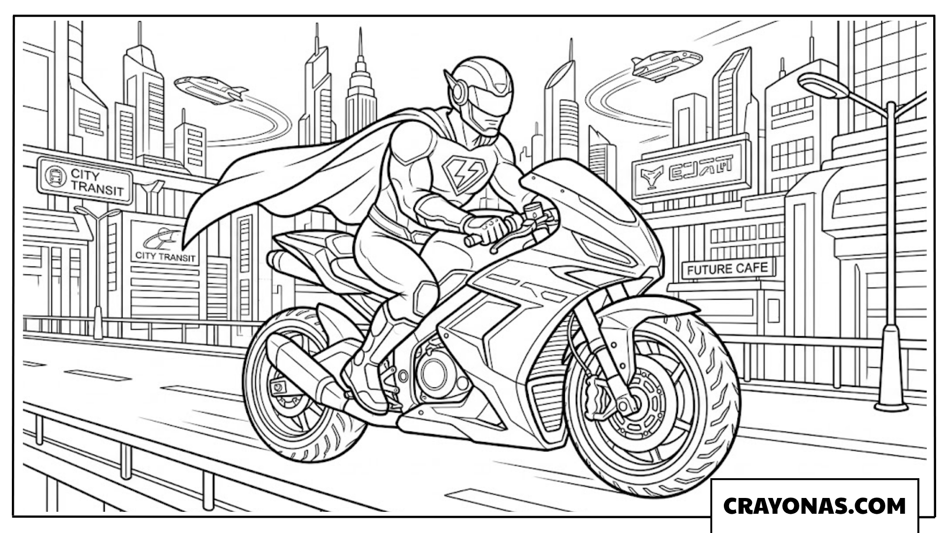 Superhero Riding a Fast Sportbike Through City Coloring Page