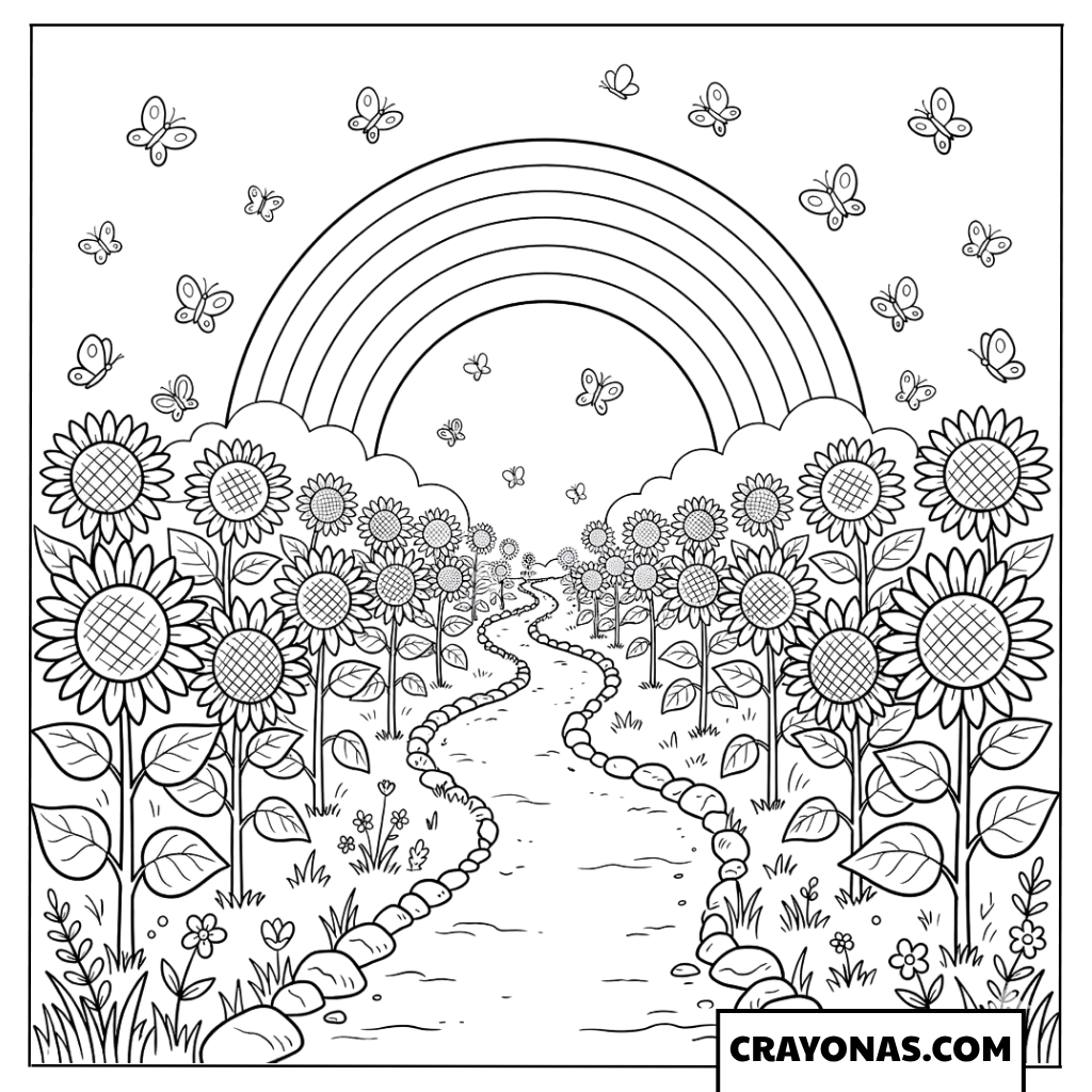 Swarm of Butterflies Flying Over a Rainbow Sunflower Path Coloring Page