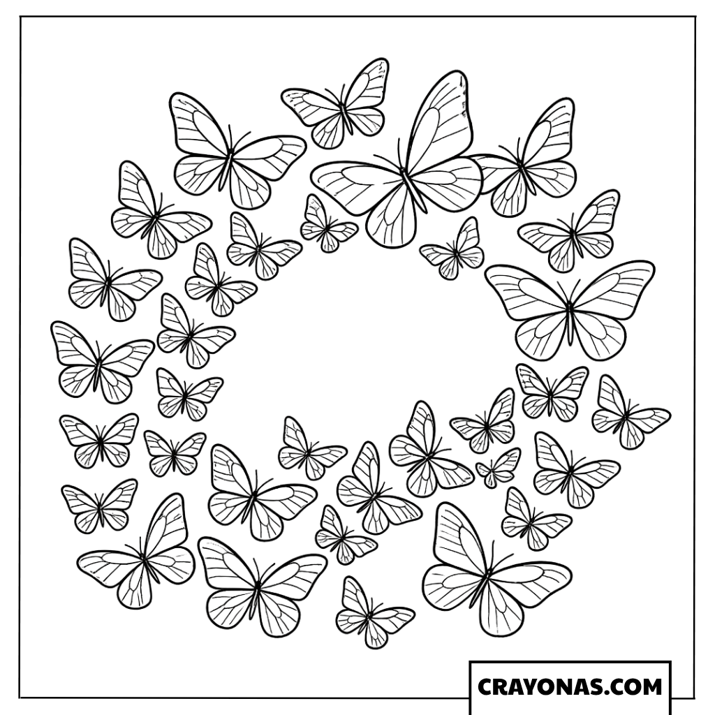 Swarm of Butterflies Swirling Mandala Coloring Page