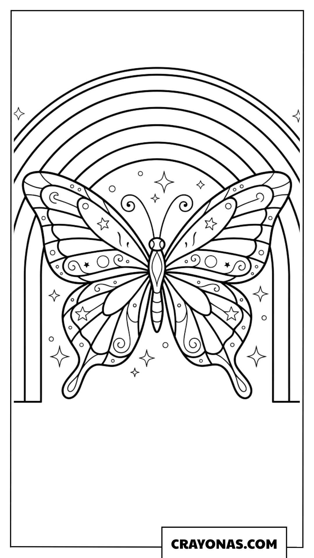 Symmetrical Fantasy Butterfly in Front of a Rainbow Arch Coloring Page