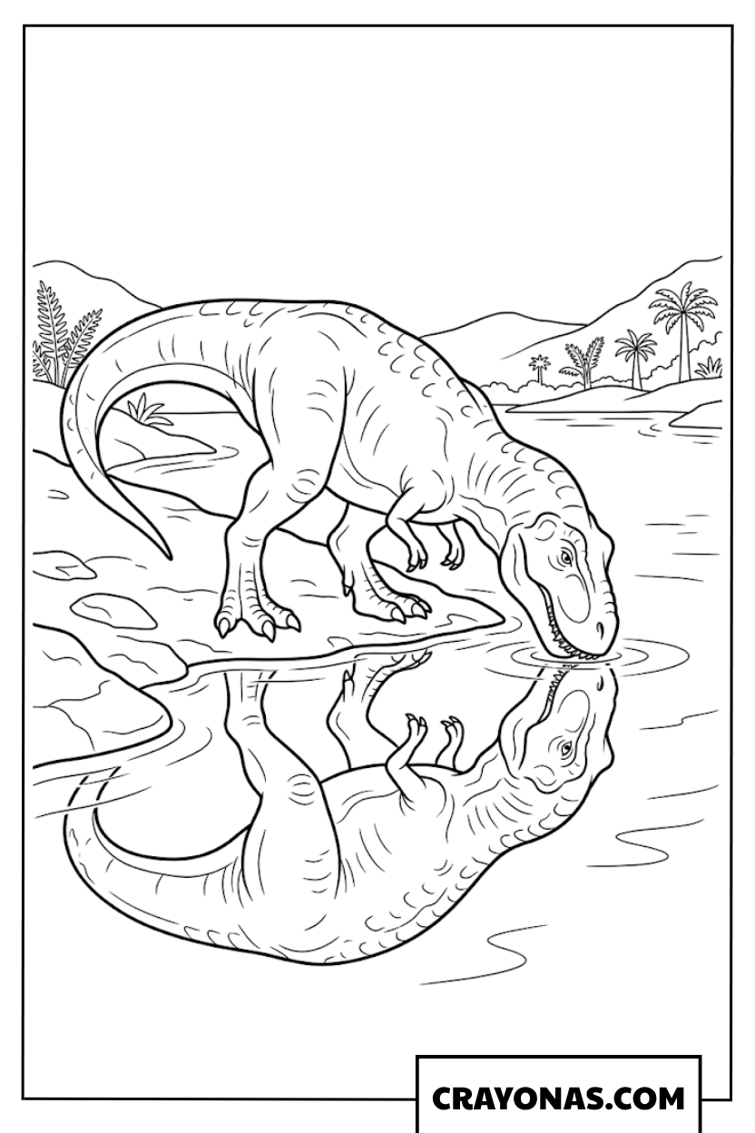 T-Rex Drinking Water with Lake Reflection Coloring Page