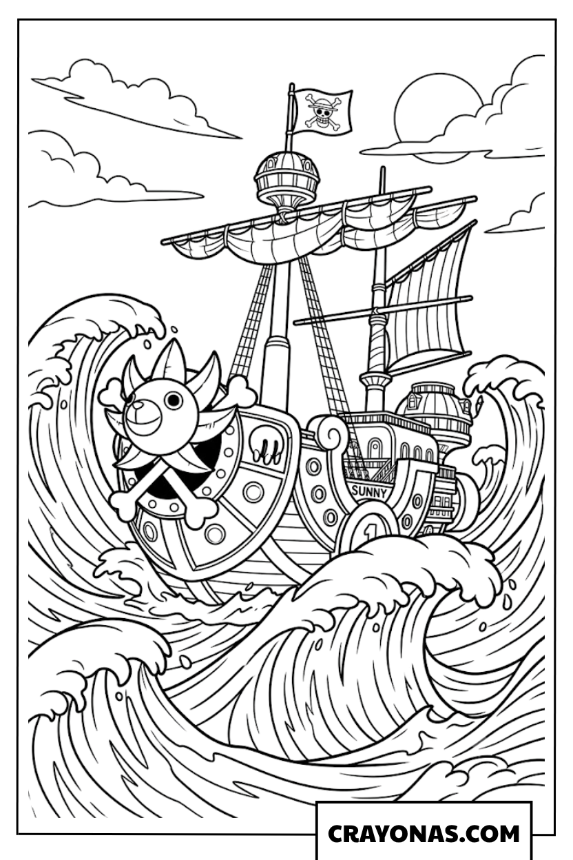 Thousand Sunny Ship Sailing On High Ocean Waves Coloring Page