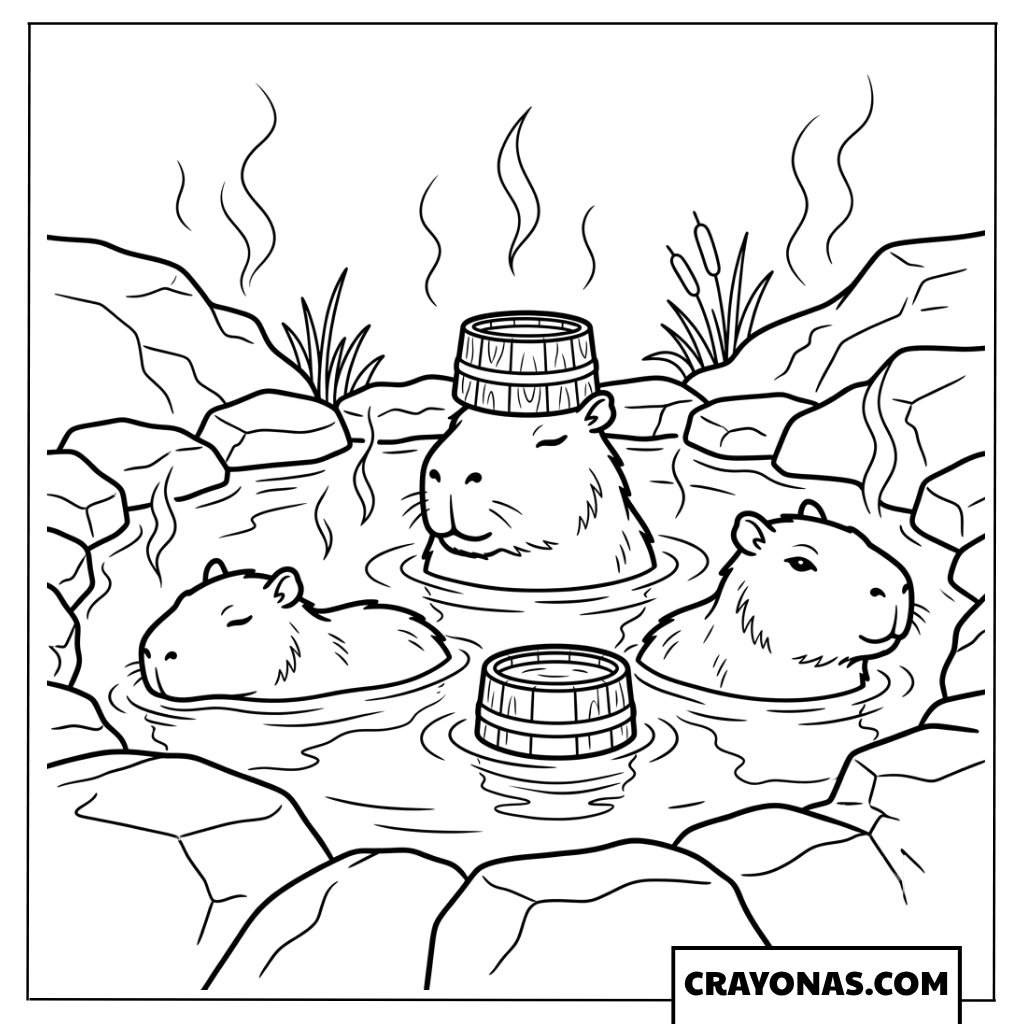 Three Capybaras Bathing with Yuzu Fruits Coloring Page