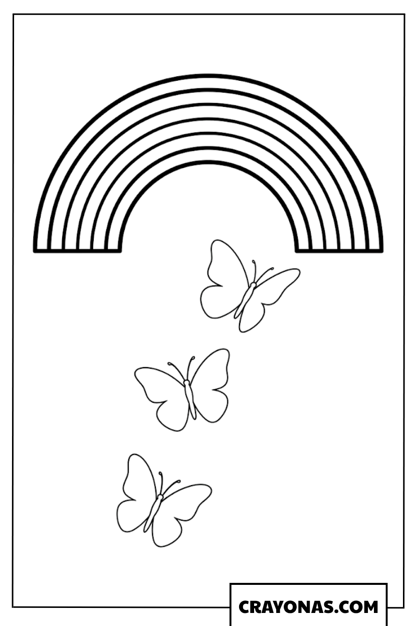 Three Little Butterflies Flying Near Rainbow Coloring Page