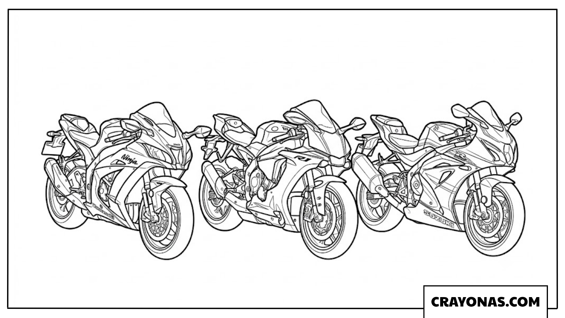 Three Racing Sportbikes Lining Up on Track Coloring Page