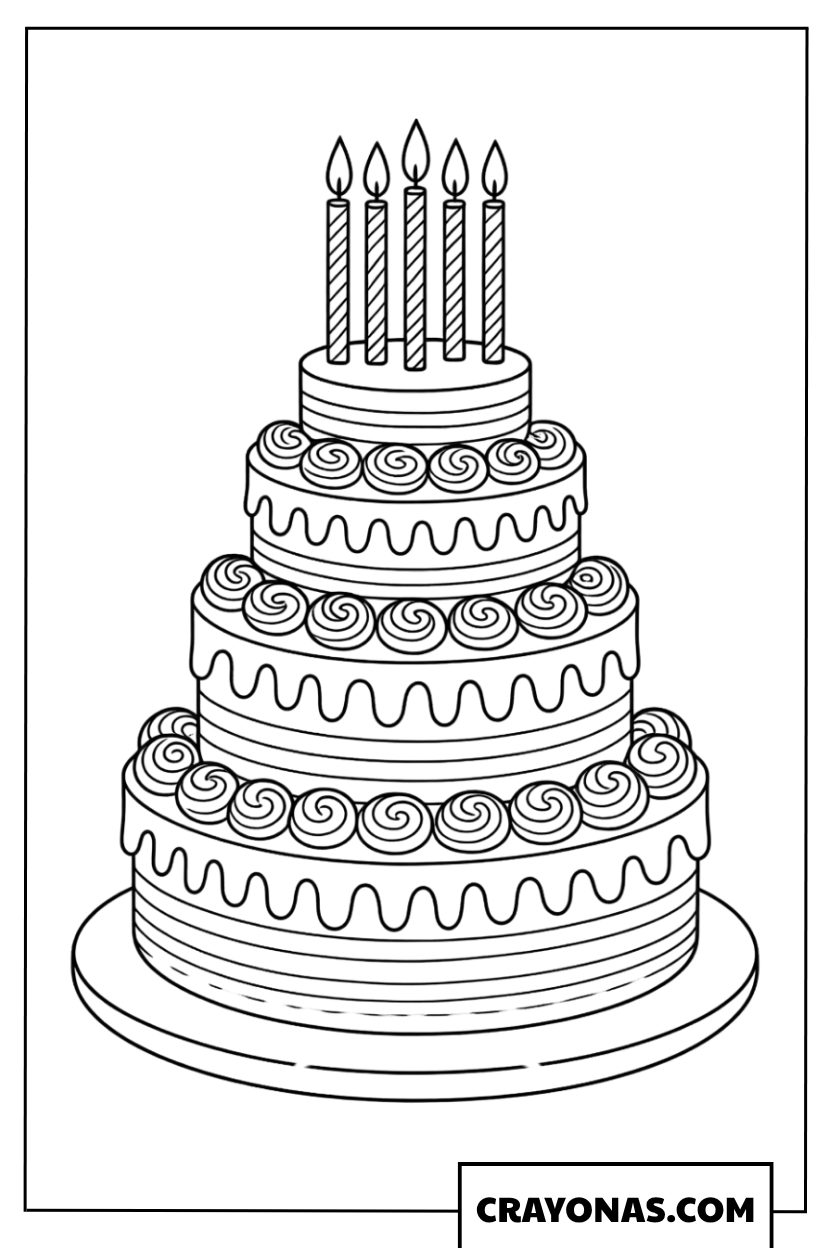 Three Tier Birthday Cake with Candles Coloring Page