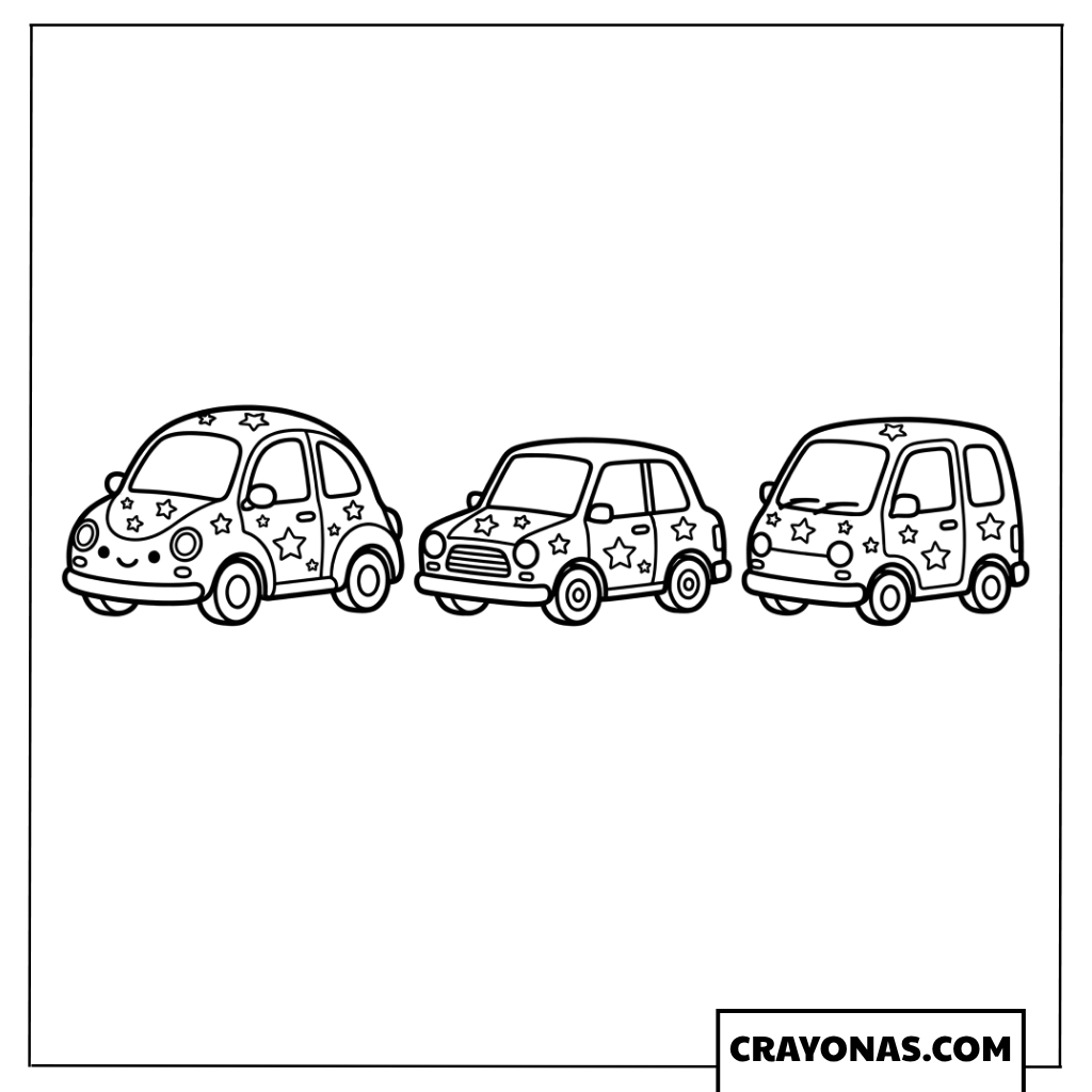 Three Tiny Patterned Toy Cars in a Row Coloring Page