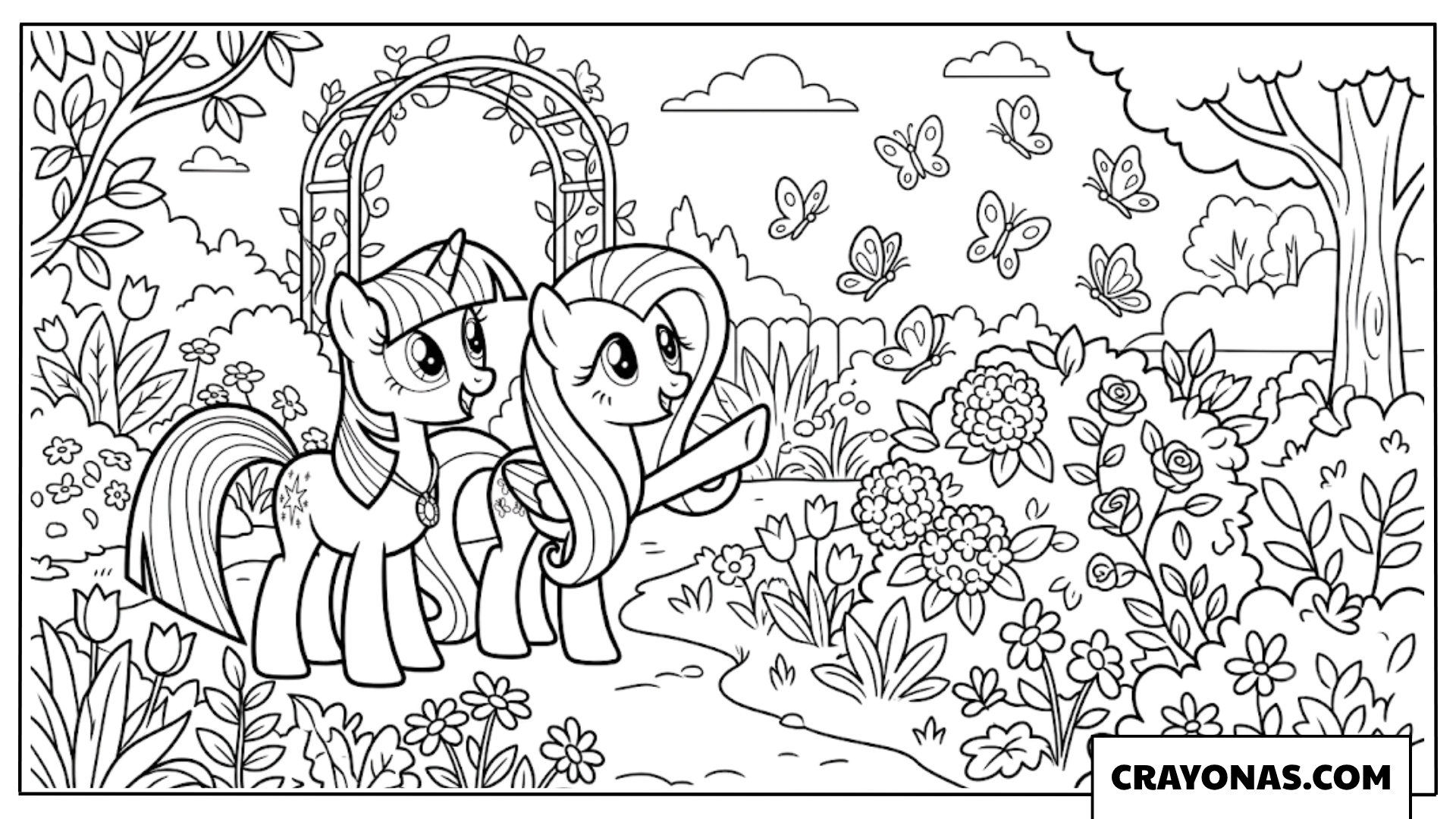 Twilight Sparkle And Fluttershy Walking In Butterfly Garden Coloring Page