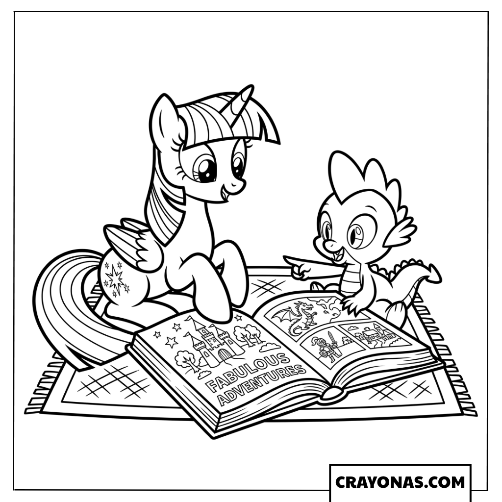 Twilight Sparkle And Spike Reading Adventure Book Coloring Page