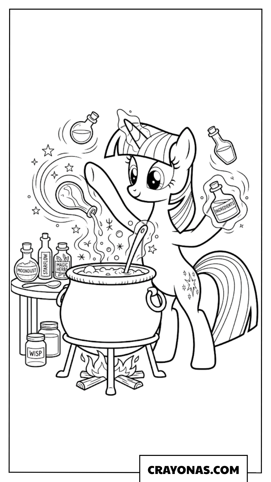 Twilight Sparkle Brewing Magic Potion In Cauldron Coloring Page