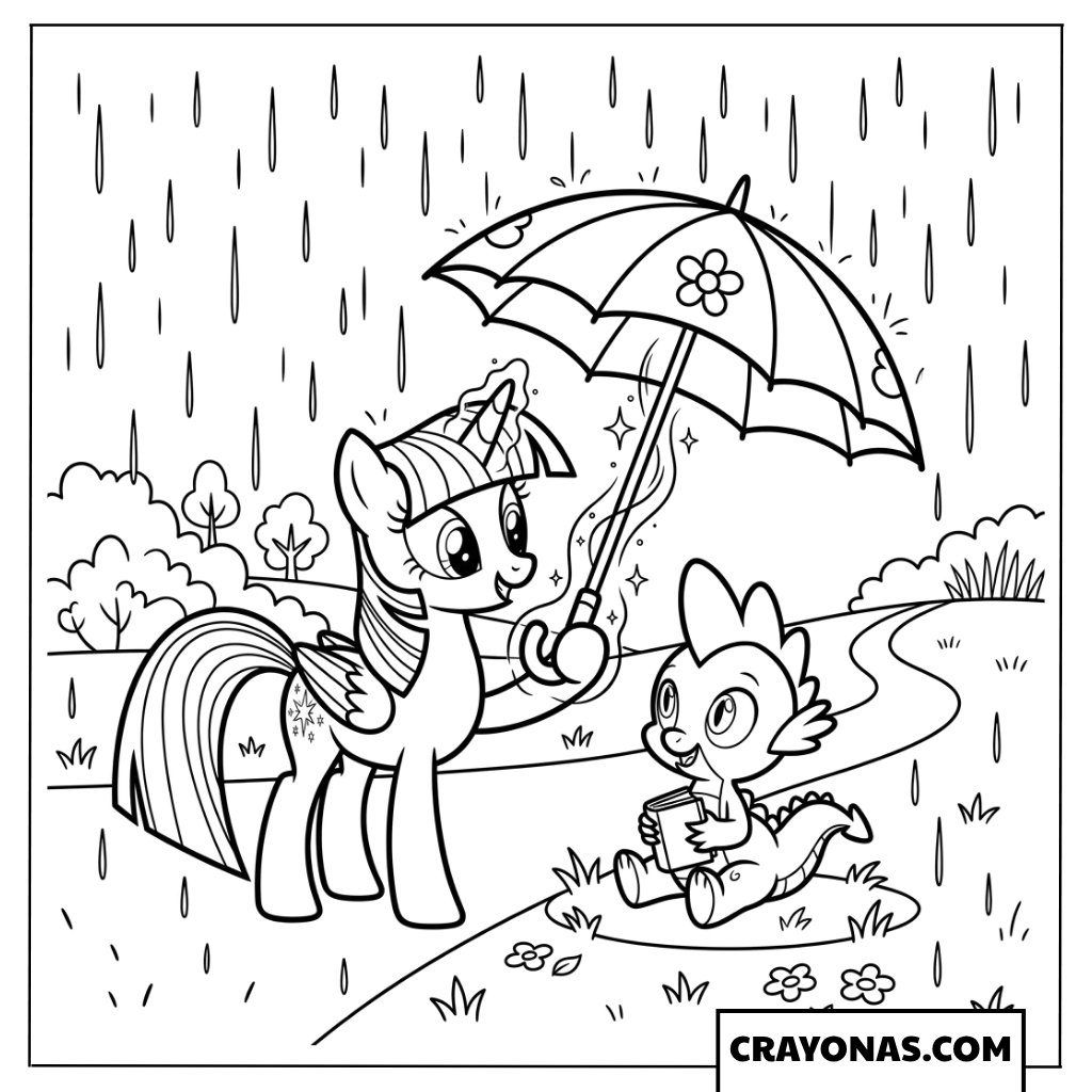 Twilight Sparkle Holding Umbrella For Spike In Rain Coloring Page