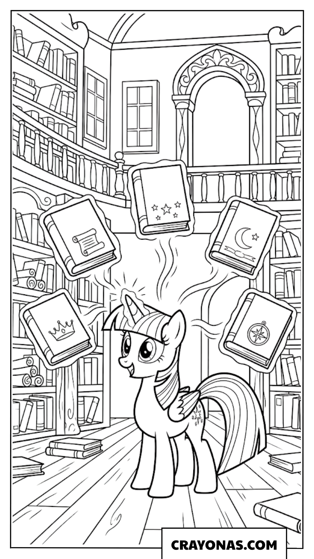 Twilight Sparkle Levitating Magic Books In Library Coloring Page