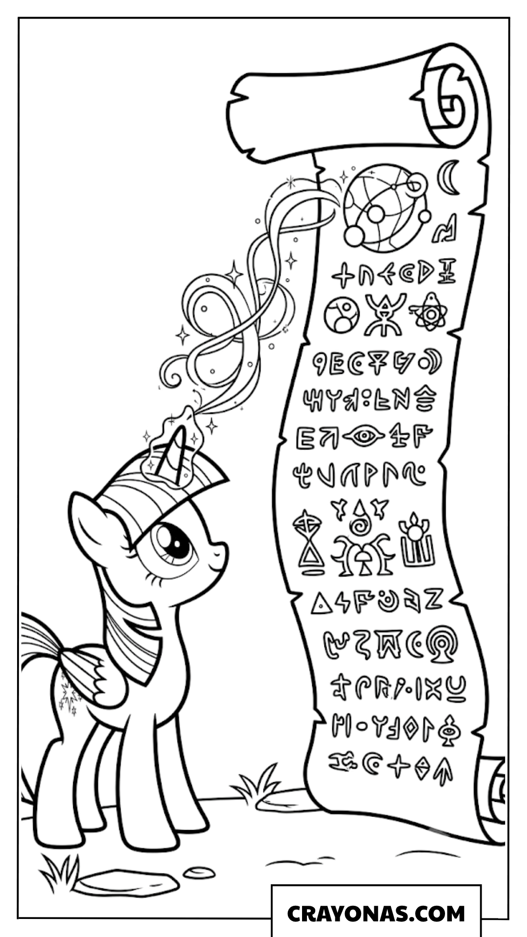 Twilight Sparkle Reading Ancient Magic Scroll Coloring Page