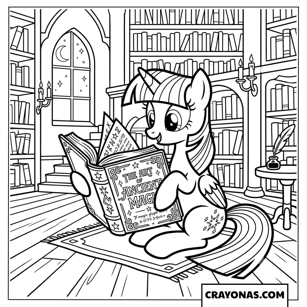 Twilight Sparkle Reading Spell Book in Golden Oak Library Coloring Page