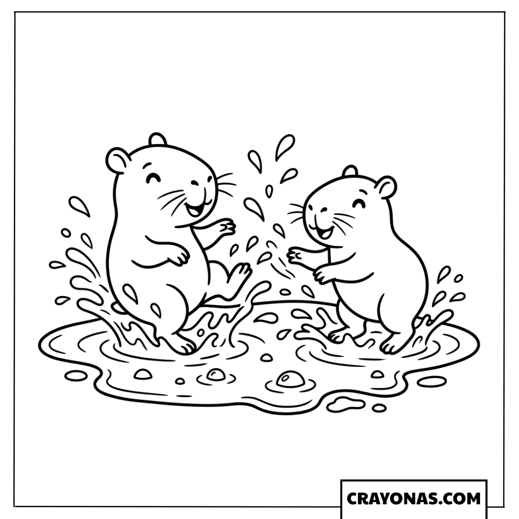 Two Baby Capybaras Splashing in Mud Puddle Coloring Page