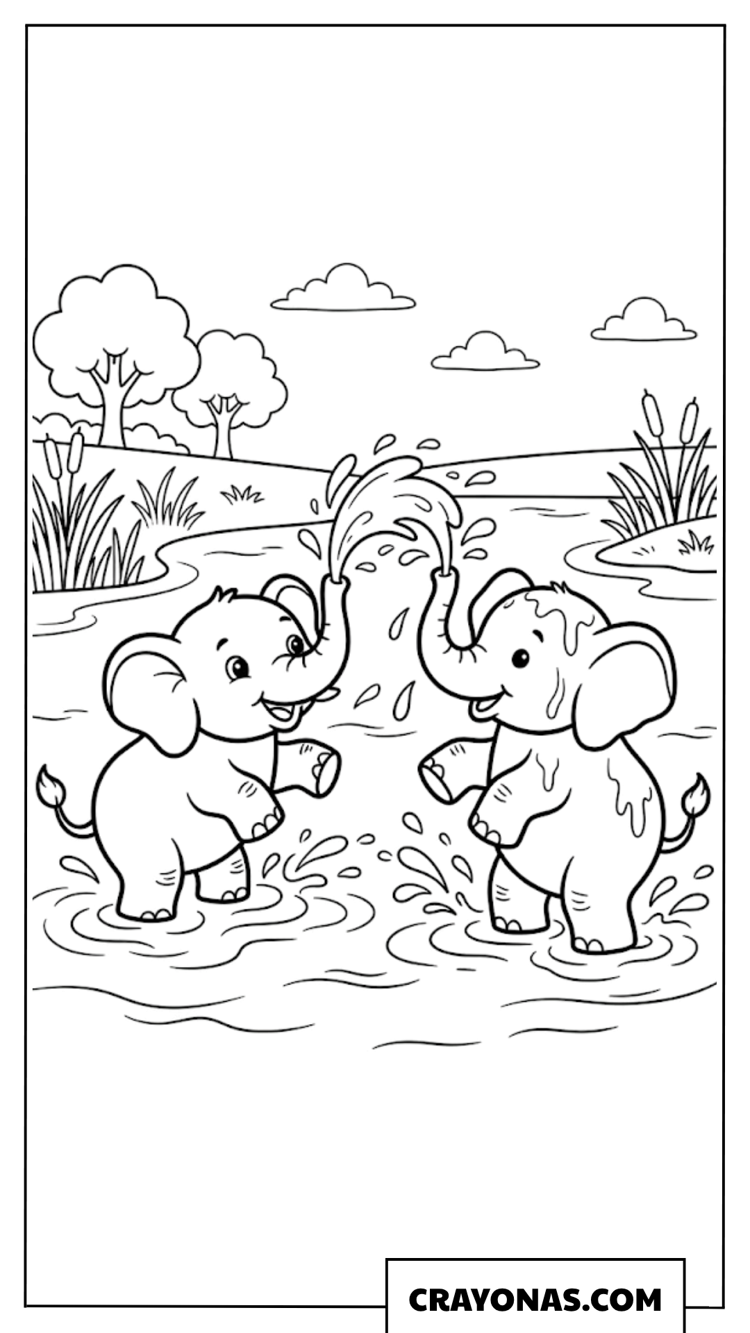 Two Baby Elephants Playing in Water Coloring Page