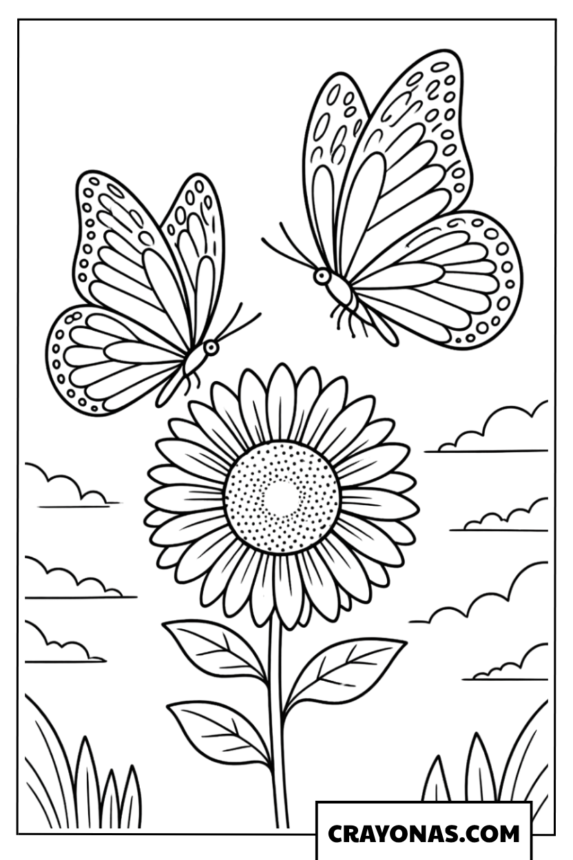 Two Butterflies Fluttering Around a Happy Sunflower Coloring Page