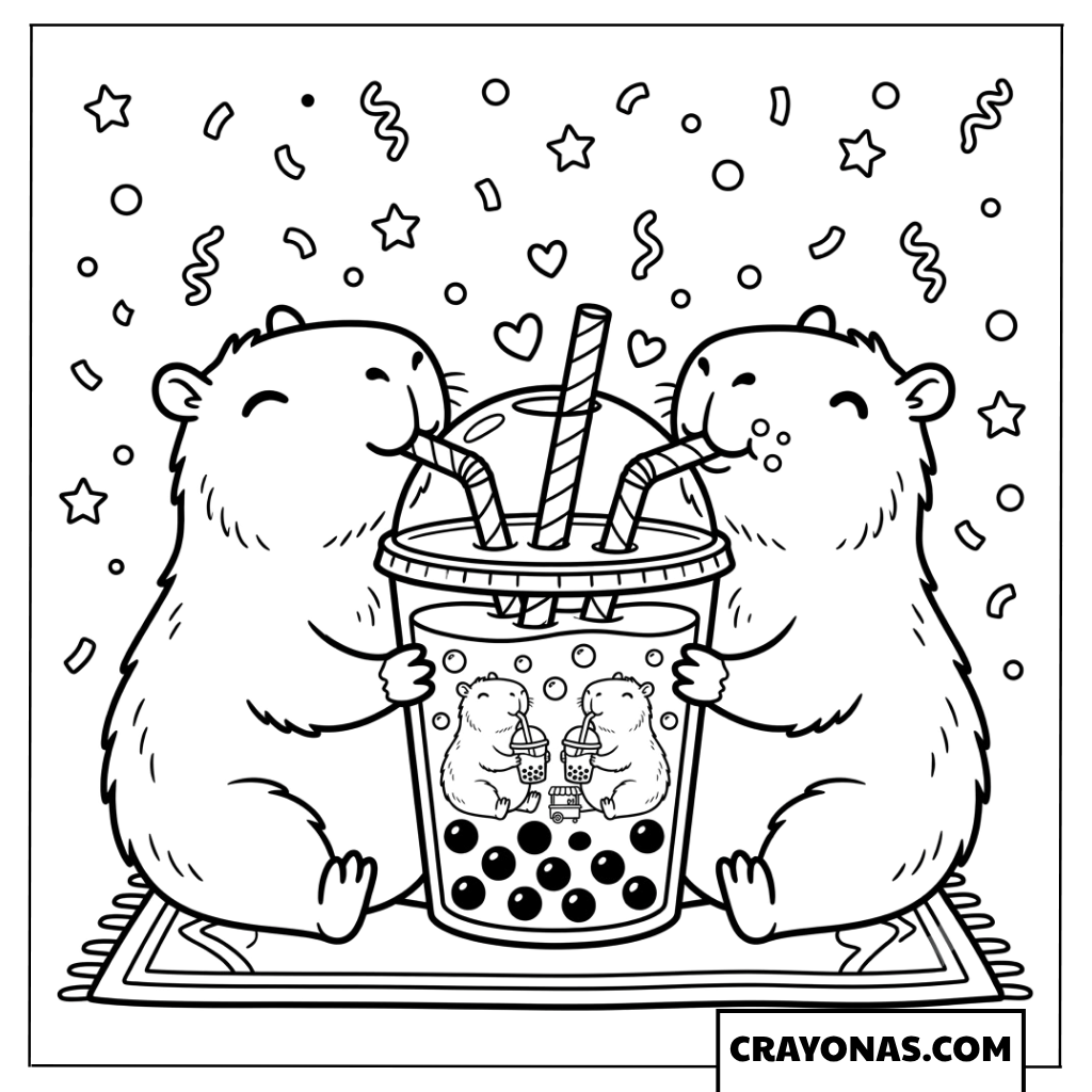 Two Happy Capybaras Sharing Huge Boba Coloring Page