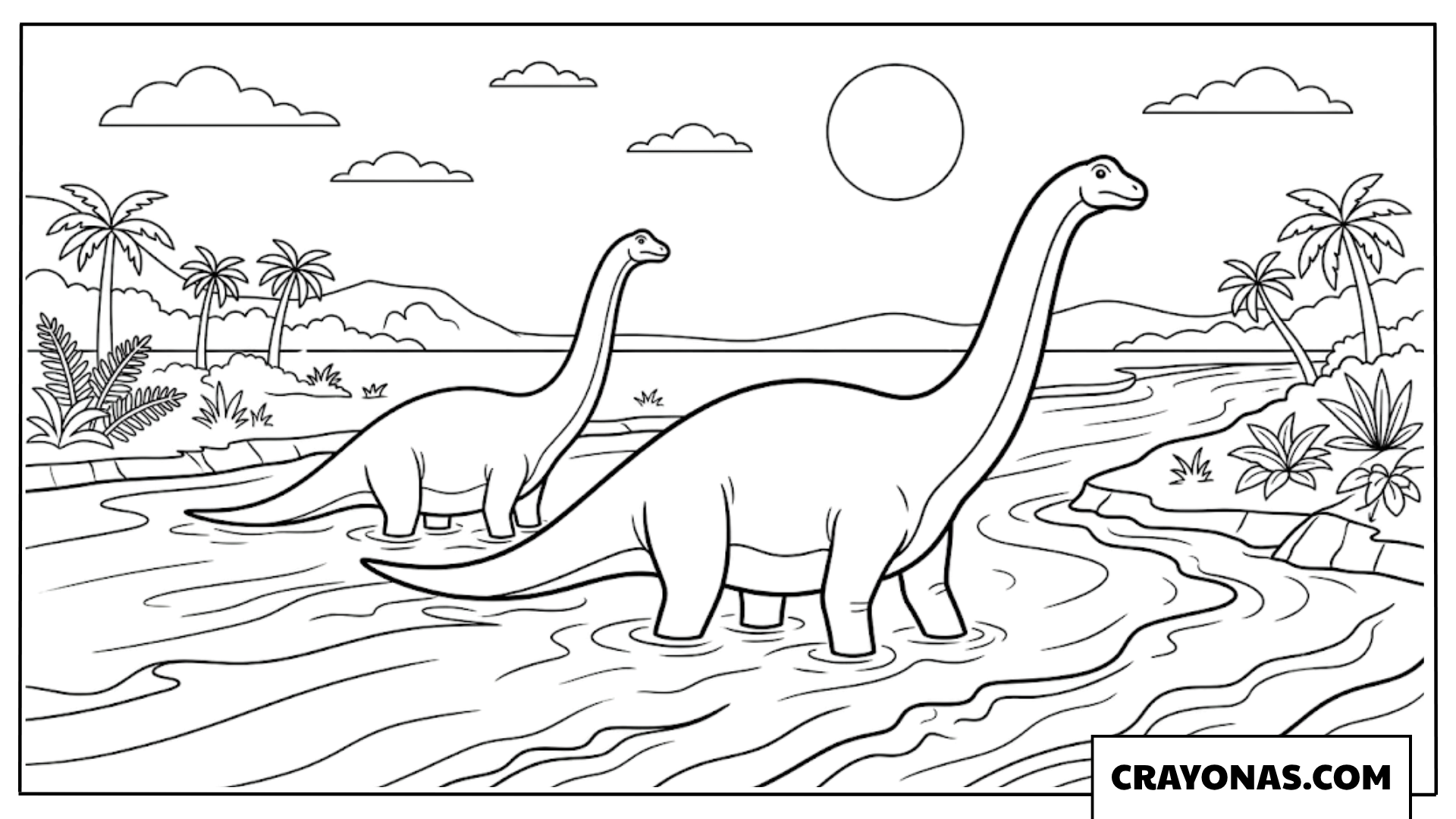 Two Long Neck Dinosaurs Wading Through a River Coloring Page