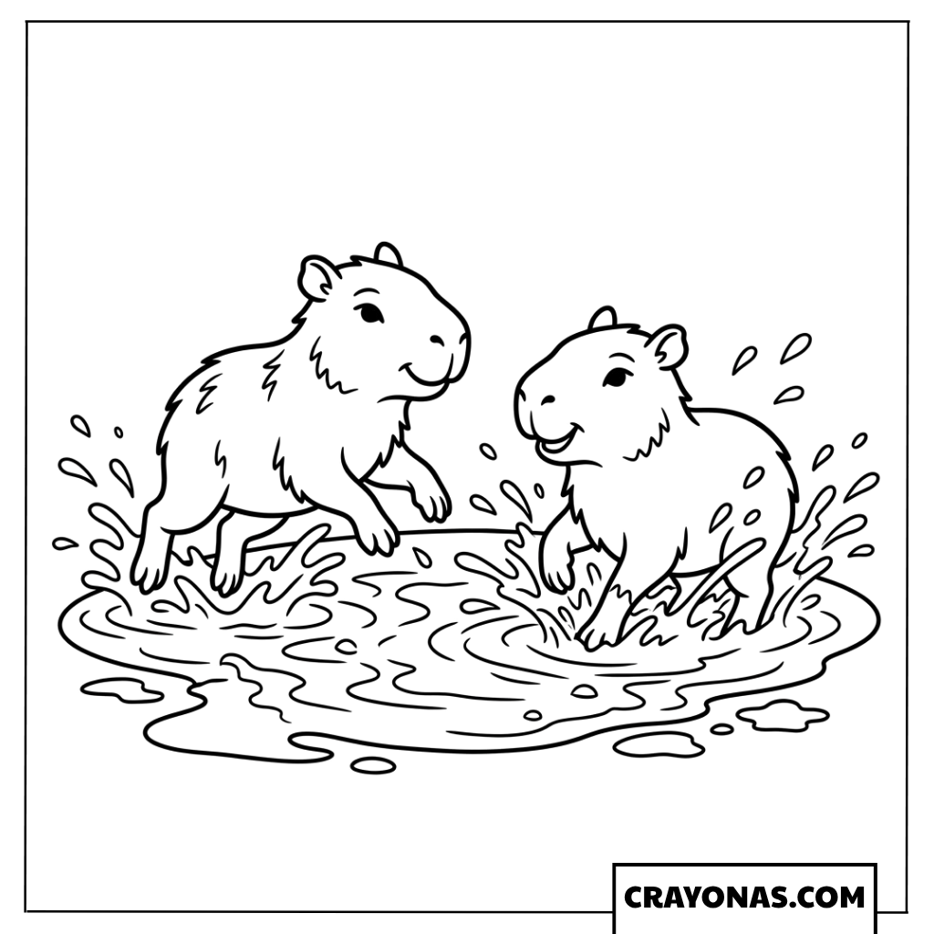 Two Playful Baby Capybaras Splashing in Mud Coloring Page