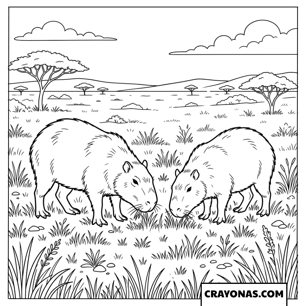Two Realistic Capybaras Grazing in Savanna Coloring Page