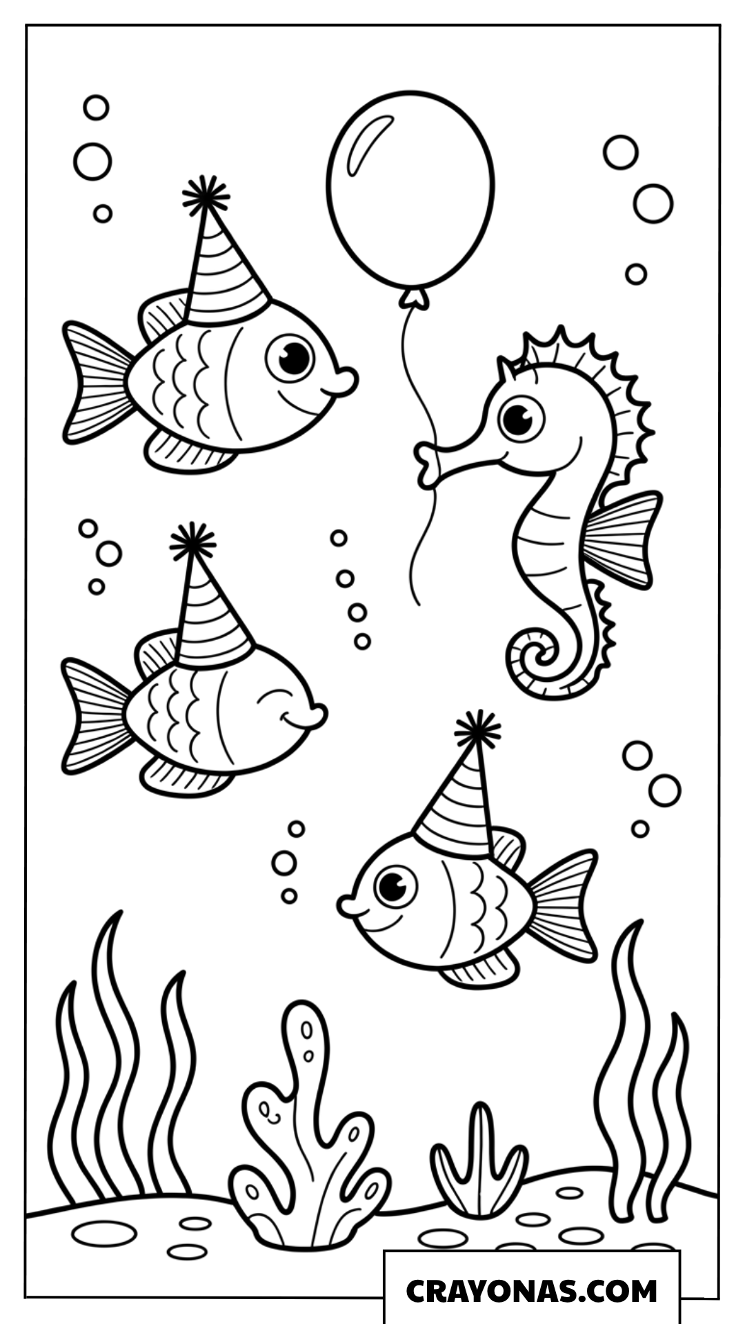 Underwater Birthday Party with Fish Coloring Page